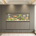 Modern Aquarium Fish Tank with Colorful Fish Aquatic Plants and Decorations in Gray Cabinet