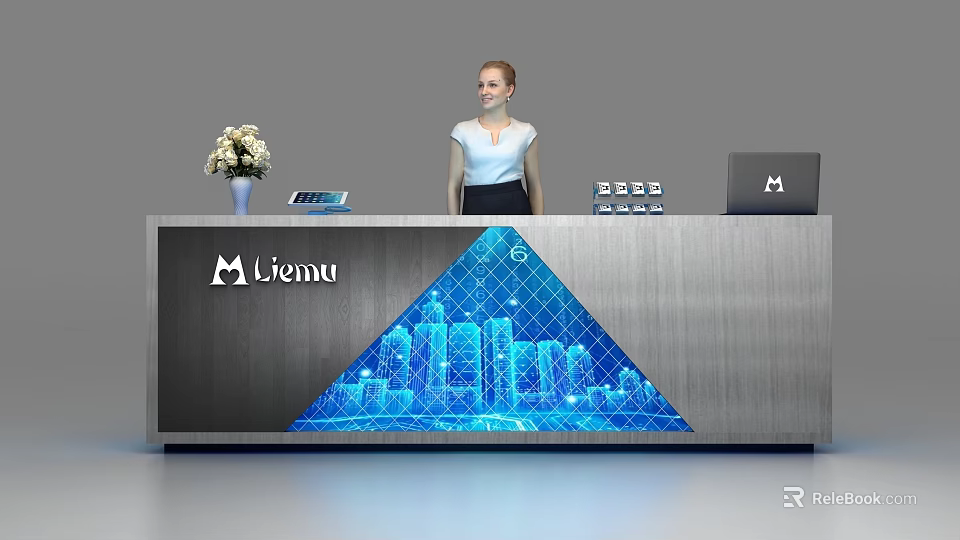 Modern Metal Reception Desk Featuring Liemu Logo Blue City Skyline Vase Flowers Tablet And Laptop 3d model 