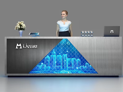Modern Metal Reception Desk Featuring Liemu Logo Blue City Skyline Vase Flowers Tablet And Laptop 3d model