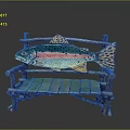 Handcrafted Wooden Bench Featuring Colorful Trout Decoration Green Planks And Twig Armrests