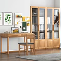 Minimalist Natural Wooden Desk Setup With Laptop Green Plant Wall Art And Glass Door Bookshelf