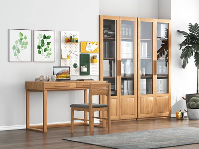 Minimalist Natural Wooden Desk Setup With Laptop Green Plant Wall Art And Glass Door Bookshelf 3d model