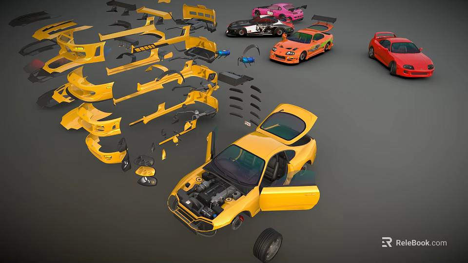 Yellow Modified Car With Open Doors Engine And Detachable Body Parts 3d model 