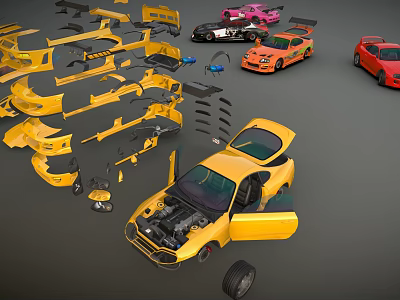 Yellow Modified Car With Open Doors Engine And Detachable Body Parts 3d model
