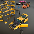 Yellow Modified Car With Open Doors Engine And Detachable Body Parts