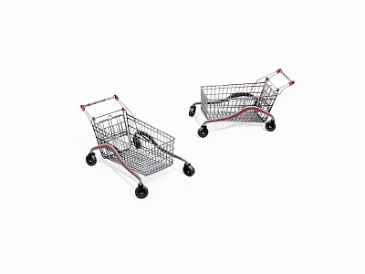 Two Metal Shopping Carts With Red Handles And Wheels On White Background 3d model