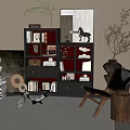 Modern Stylish Dark Bookcase With Open Shelves Books Sculptures Green Plants And Chair
