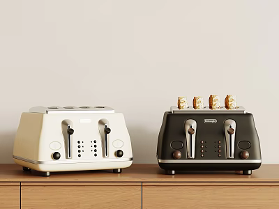 Modern Cream And Black Kitchen Toasters On Wooden Countertop With Toasted Bread Slices 3d model