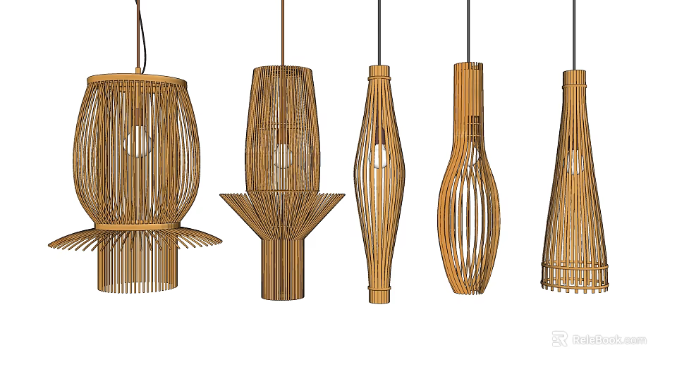 Stylish Bamboo Pendant Lights Showcasing Different Woven Patterns And Shapes 3d model