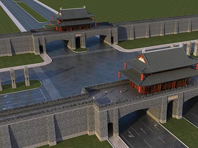 Traditional Chinese Entrance Gate With Watchtower And Stone City Wall Structure 3d model