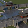 Traditional Chinese Entrance Gate With Watchtower And Stone City Wall Structure