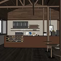 Warm Wooden Cafe Interior With Brown Counter Coffee Machine High Stools And Large Windows