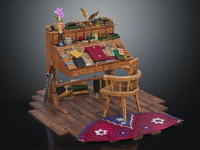Wooden Desk With Chair Books Stationery Candle Flower On Floor With Decorative Rug 3d model