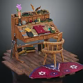 Wooden Desk With Chair Books Stationery Candle Flower On Floor With Decorative Rug