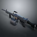 Black Tactical Machine Gun with Large Drum Magazine Long Barrel and Ergonomic Grip