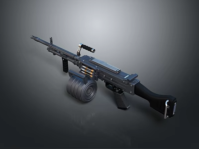 Black Tactical Machine Gun with Large Drum Magazine Long Barrel and Ergonomic Grip 3d model
