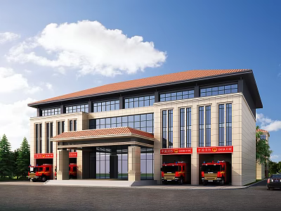 Modern Fire Station Exterior With Red Roof Fire Trucks And Large Windows 3d model