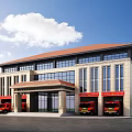 Modern Fire Station Exterior With Red Roof Fire Trucks And Large Windows