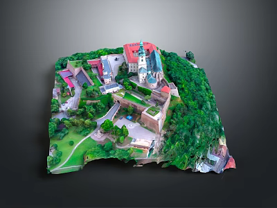 3D Model of Historic Architecture With Red Rooftops and Lush Green Landscape 3d model