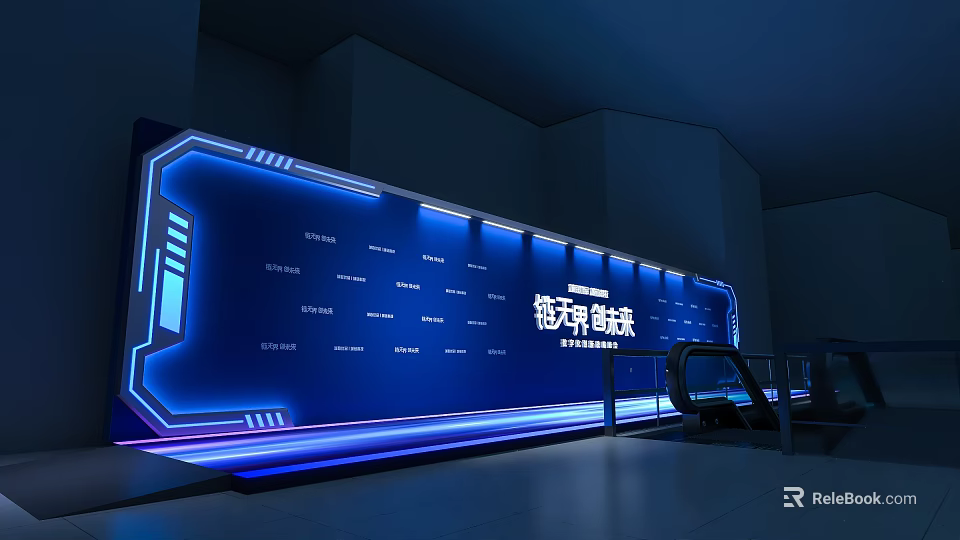 Modern Blue Event Display Wall With Lighting Effects And White Text 3d model