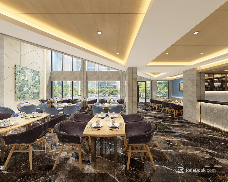 Modern Restaurant Interior Design With Wooden Ceiling Large Windows And Dining Tables 3d model