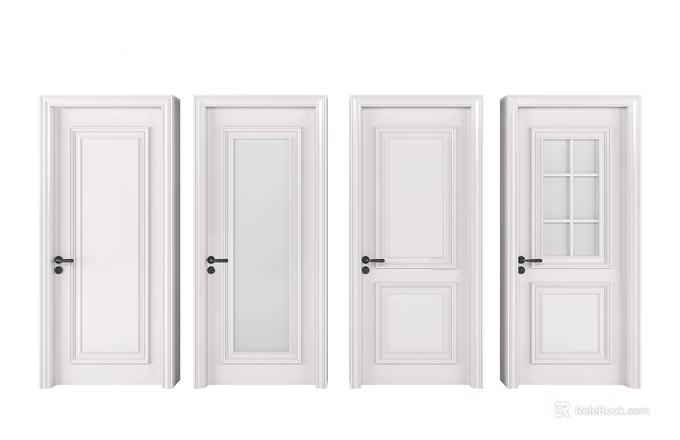 White Hinged Doors Featuring Different Panel And Glass Designs For Modern Home Interior 3d model