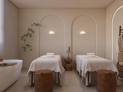 Serene Spa Room With Massage Tables And Bathtub 3d model