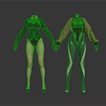 Stylish Female Mannequins Wearing Green And Brown Fitted Outfits With High Heels