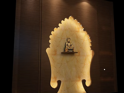 Carved Buddha Sculpture with Lotus Shaped Backdrop on Illuminated Wooden Panel 3d model