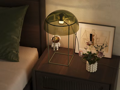 Bedside Table With Green Lamp Astronaut Figurine Flower Vase And Framed 3d model