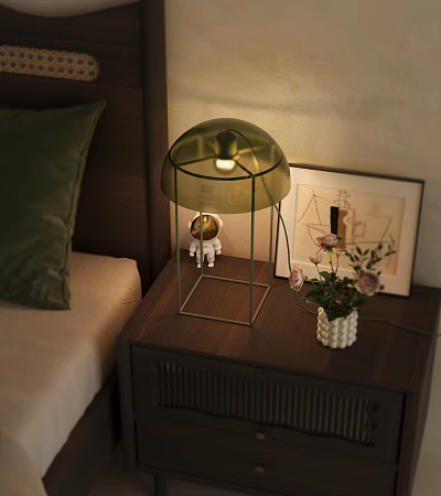 Bedside Table With Green Lamp Astronaut Figurine Flower Vase And Framed 3d model