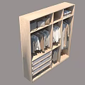 Modern Wooden Wardrobe Interior With Hanging Clothes Drawers And Folded Garments