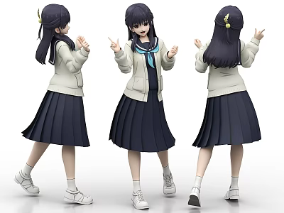 Anime Young Woman in School Uniform with Long Hair and Dark Blue Skirt Three Angles 3d model