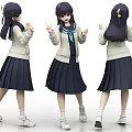 Anime Young Woman in School Uniform with Long Hair and Dark Blue Skirt Three Angles