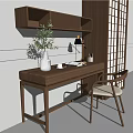 Minimalist Wooden Desk With Table Lamp Plant Vase Book Cup And Chair By Shoji Screen