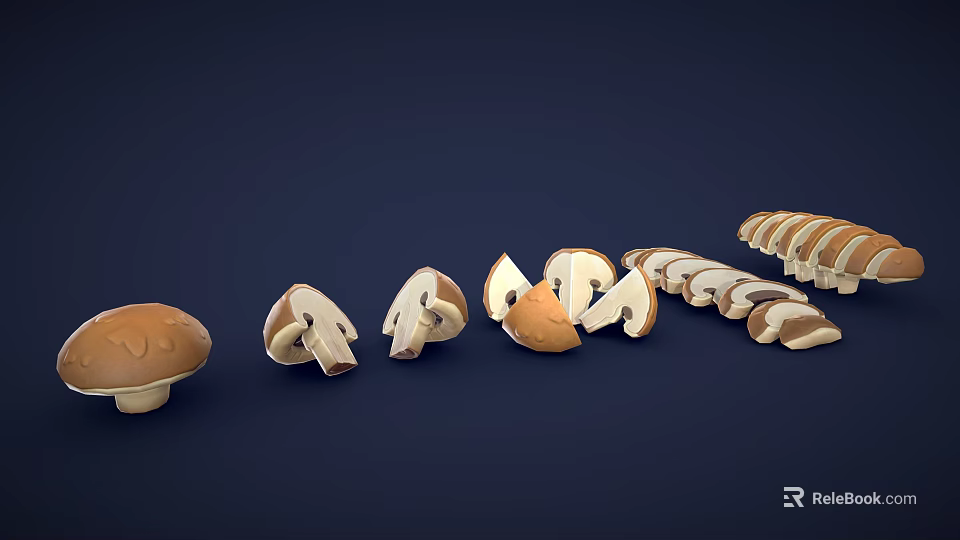 3D Rendered Vegetable Mushrooms Whole and Sliced Arranged on Dark Blue Background 3d model 