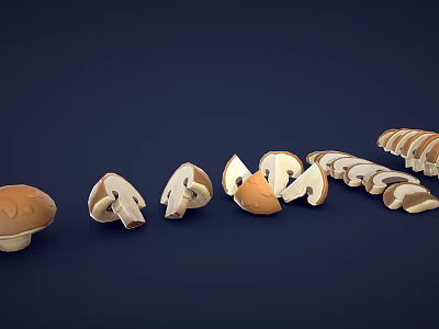 3D Rendered Vegetable Mushrooms Whole and Sliced Arranged on Dark Blue Background 3d model