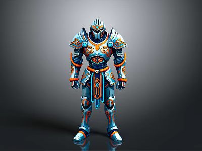 Fantasy Armored Character With Blue Orange Armor And Intricate Patterns 3d model