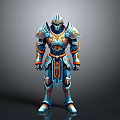 Fantasy Armored Character With Blue Orange Armor And Intricate Patterns