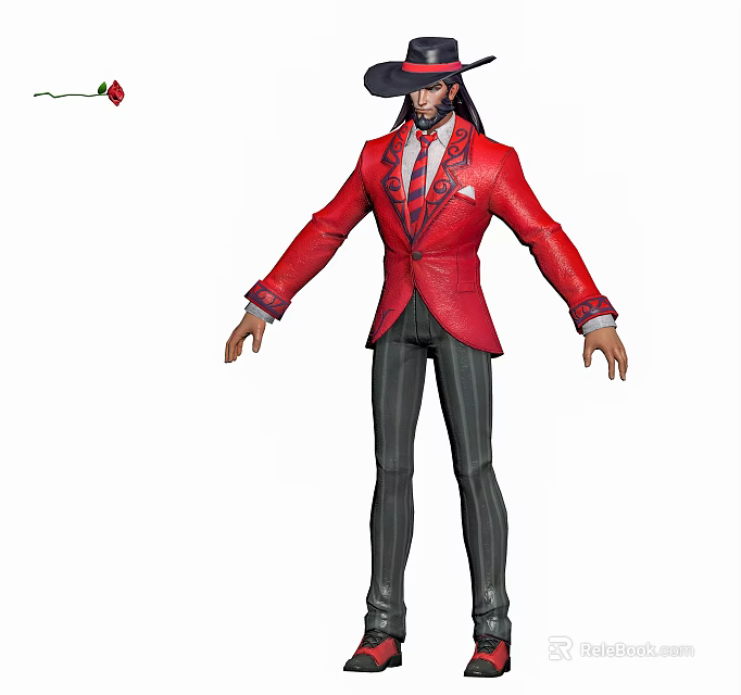 Character in Red Suit Black Hat Holding Red Rose Standing Stance 3d model 