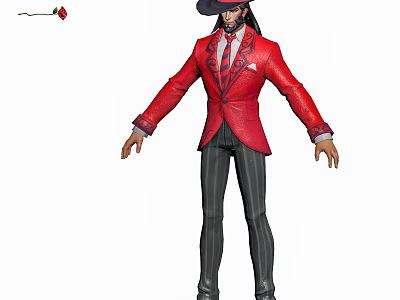 Character in Red Suit Black Hat Holding Red Rose Standing Stance 3d model