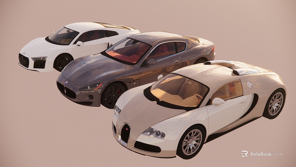 Three Luxury Sports Cars in White Silver and Champagne Colors with Sleek Design 3d model 