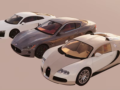 Three Luxury Sports Cars in White Silver and Champagne Colors with Sleek Design 3d model