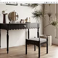 Black Scalloped Edge Dressing Table With Round Mirror And Matching Stool 3d model