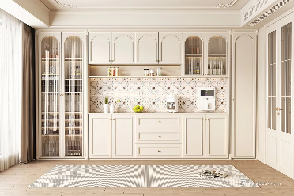 Modern White Wine Cabinet With Glass Doors And Decorative Shelves Design 3d model 