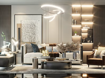 Modern Living Room Sofa and Coffee Table Set with Elegant Decorative Painting and Chandelier 3d model