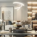 Modern Living Room Sofa and Coffee Table Set with Elegant Decorative Painting and Chandelier