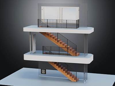 Modern Staircase With Wooden Steps Black Metal Railings And White Platforms In Two Story Structure 3d model