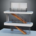 Modern Staircase With Wooden Steps Black Metal Railings And White Platforms In Two Story Structure
