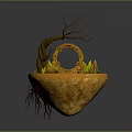 Floating Island Scene With Exposed Root Twisted Branches Stone Archway Sand Grass And Stones